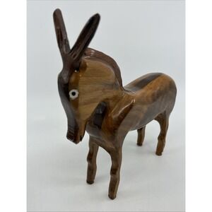Whimsical Hand‎ Carved & Painted Brown Donkey Wooden Figurine Big Eyes